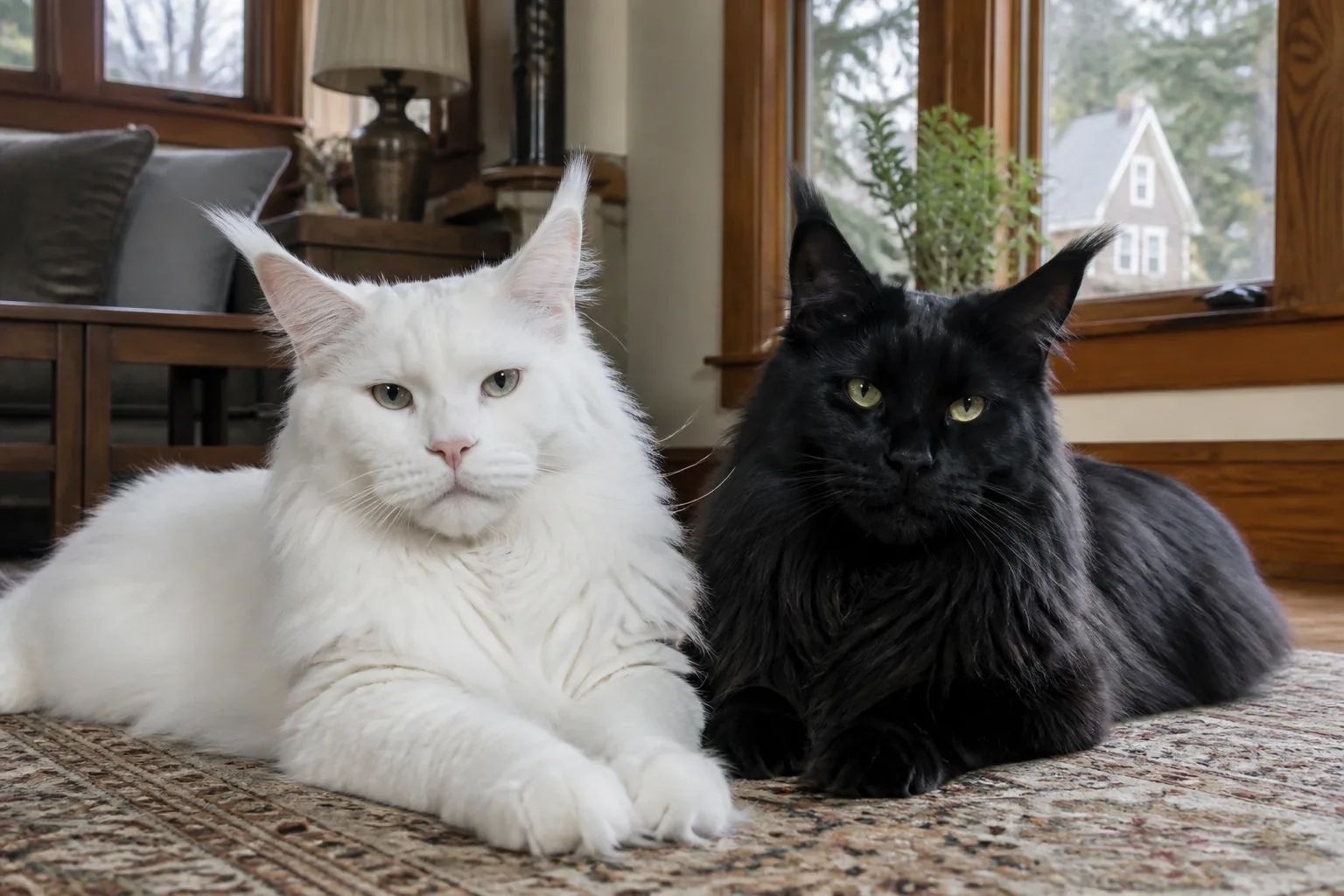 A senior pure-white Maine Coon and a young jet-black Maine Coon relaxing in a Portland, Maine home