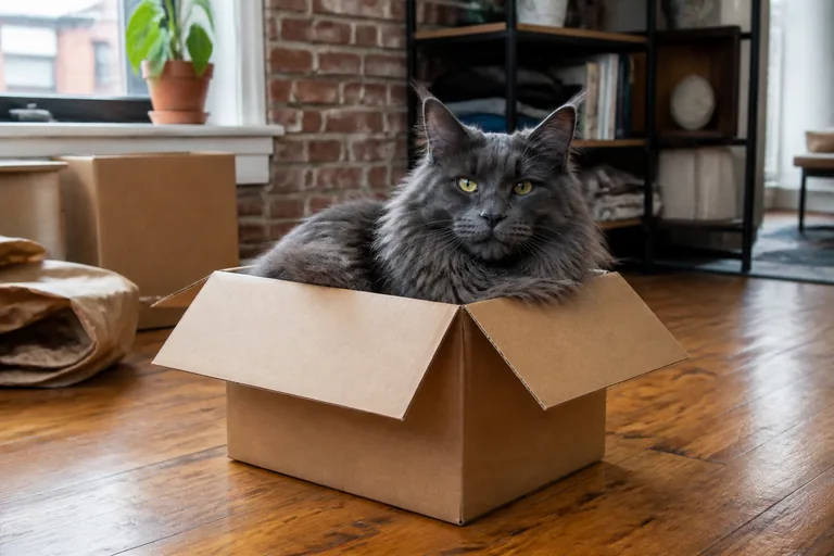 A smoke-gray Maine Coon sitting in a cardboard box in a Brooklyn loft