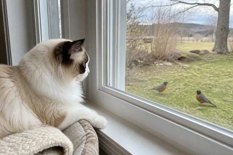 A Ragdoll watching two American robins through a Vermont farmhouse window