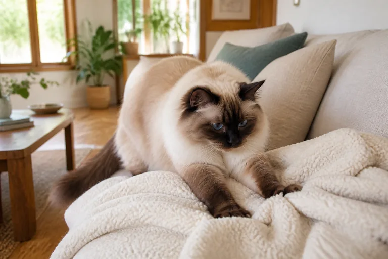 A seal-point Ragdoll kneading a cream blanket in a Pasadena bungalow