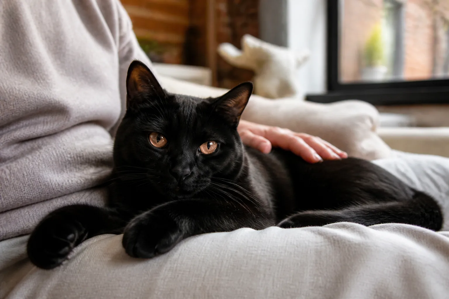 A glossy black Bombay cat resting comfortably on an owner's lap in a Brooklyn brownstone