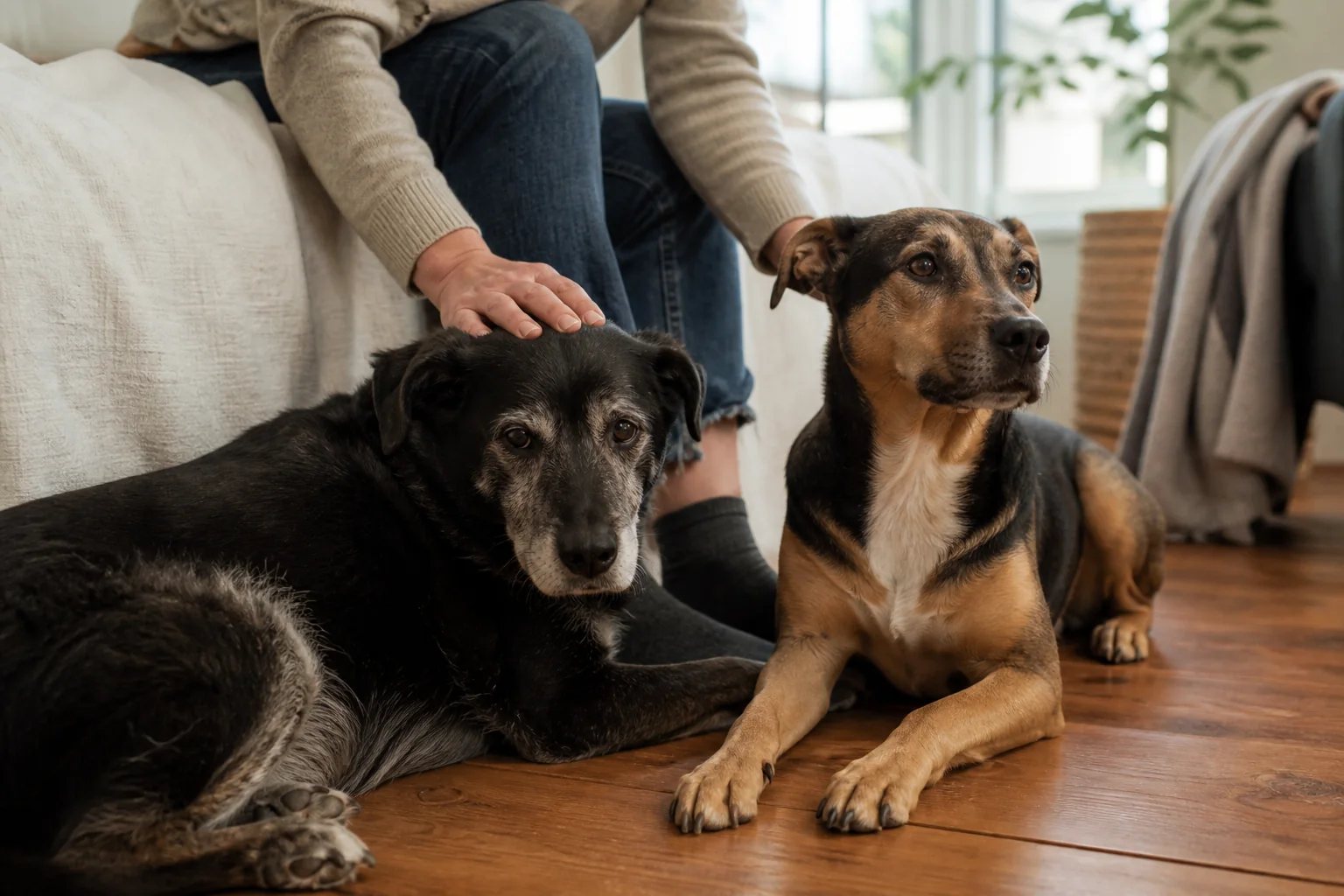 An older dog with a gray muzzle resting beside a younger dog at home