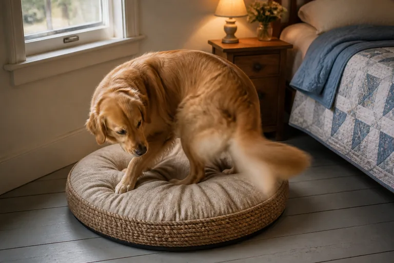A Golden Retriever circling before bed in a New England bedroom