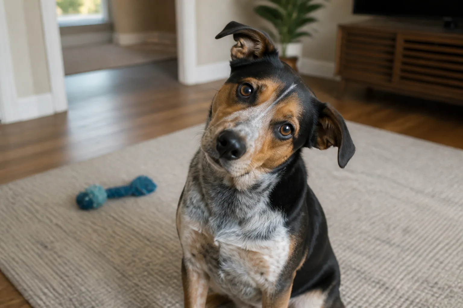 An attentive mixed-breed dog tilting its head in a living room