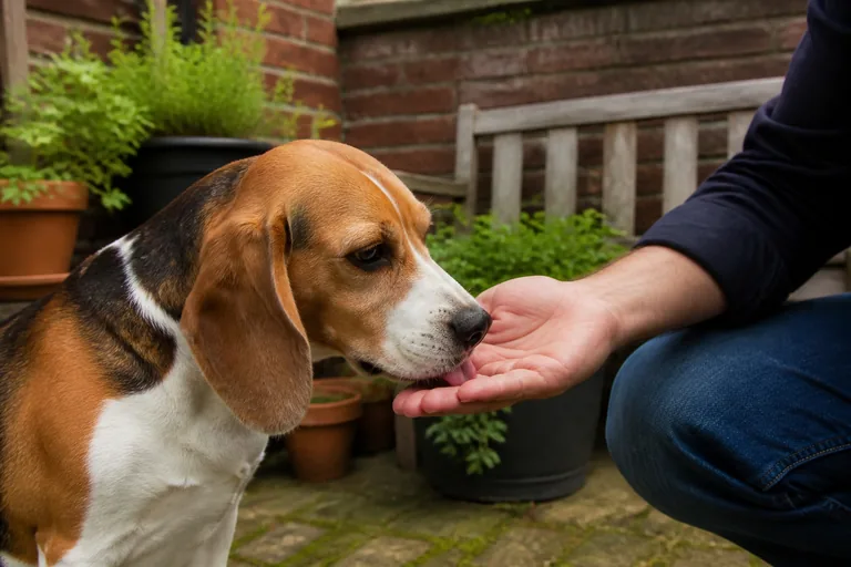 A tricolor Beagle gently licking an owner's hand in a Boston garden